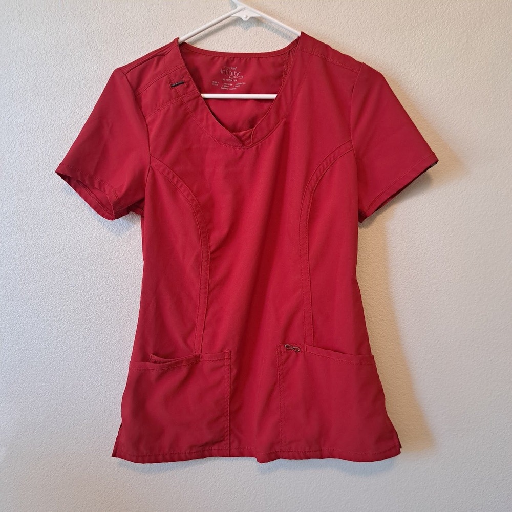 Cherokee Infinity Women Red V-Neck Scrub Top Rib Knit Back 2624A XS